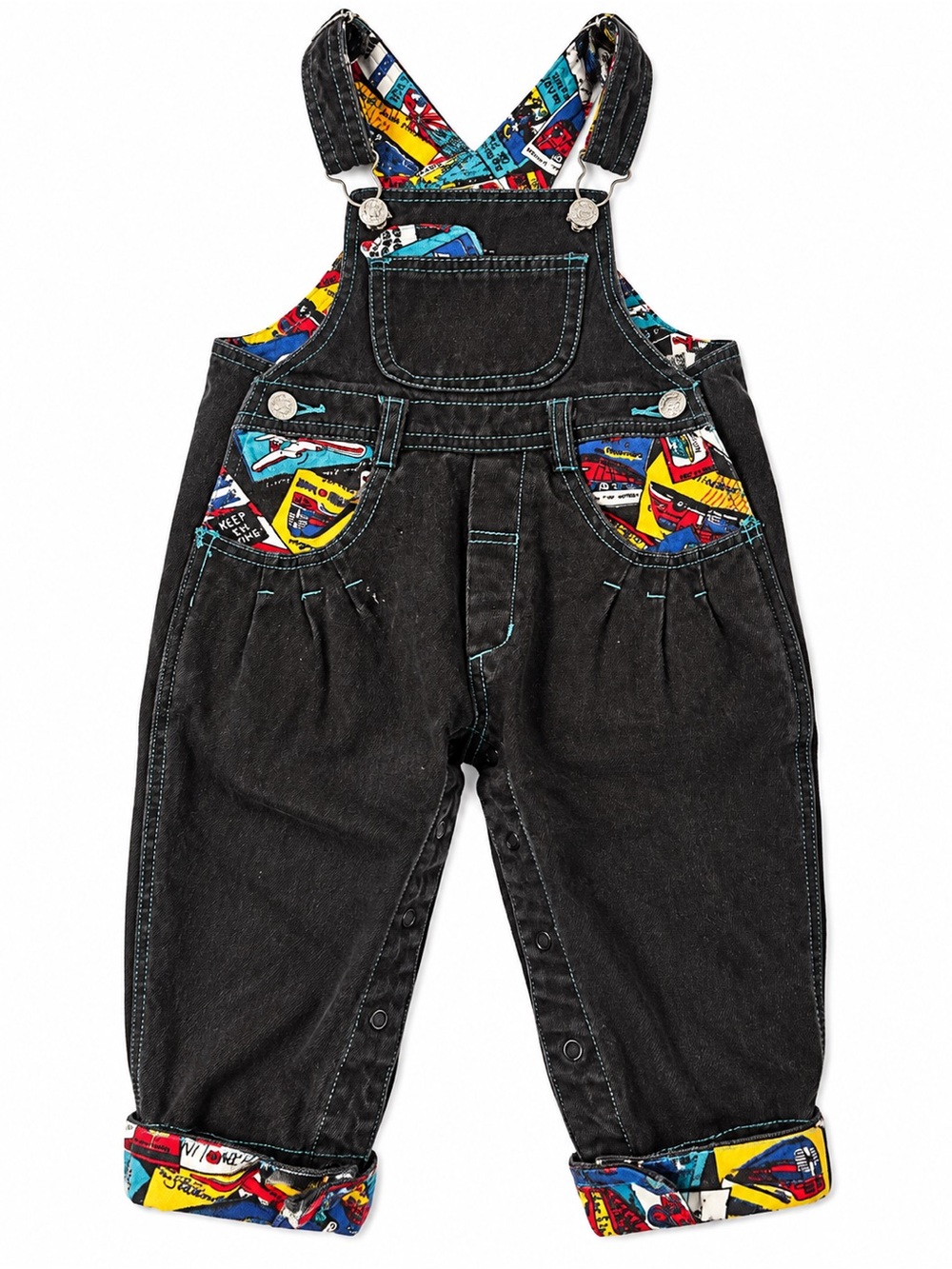 The Children's Place Black Denim Overalls with Colorful Comic-Print Liner
